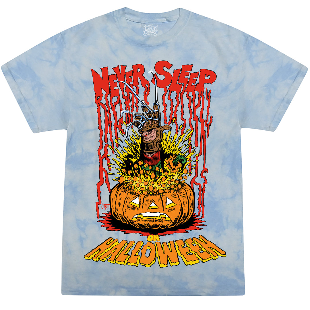 NEVER SLEEP ON HALLOWEEN - TIE-DYE T-SHIRT