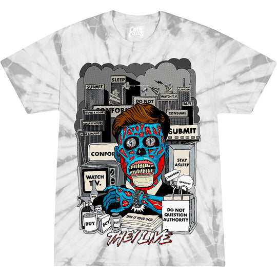 THEY LIVE: OPEN YOUR EYES - T-SHIRT (SUBLIMINAL GRAY TIE DYE)